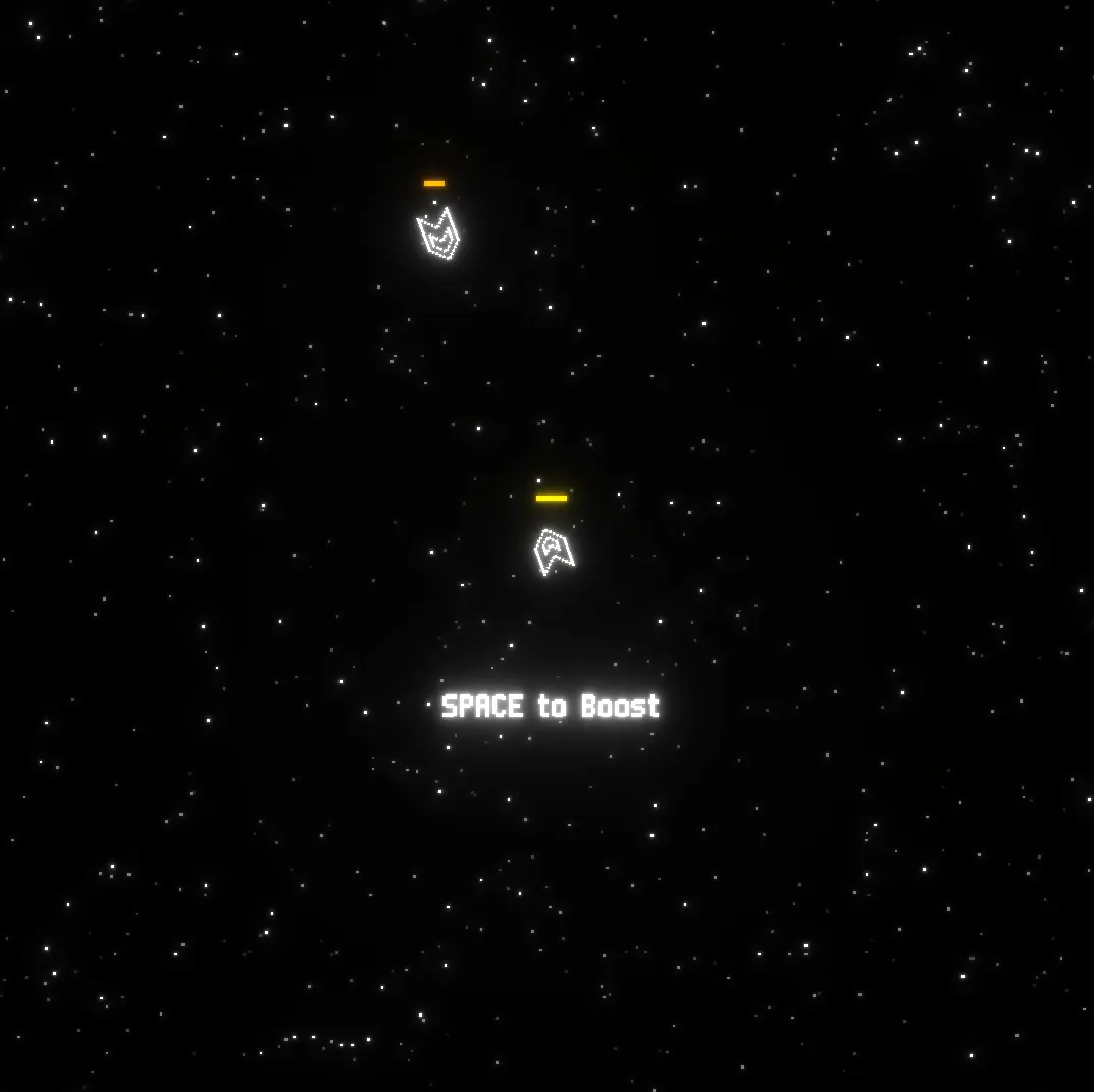 An old prototype screenshot of Cosmic Crusaders showcasing the starry background, player and enemy characters, and a prompt stating "SPACE to Boost".