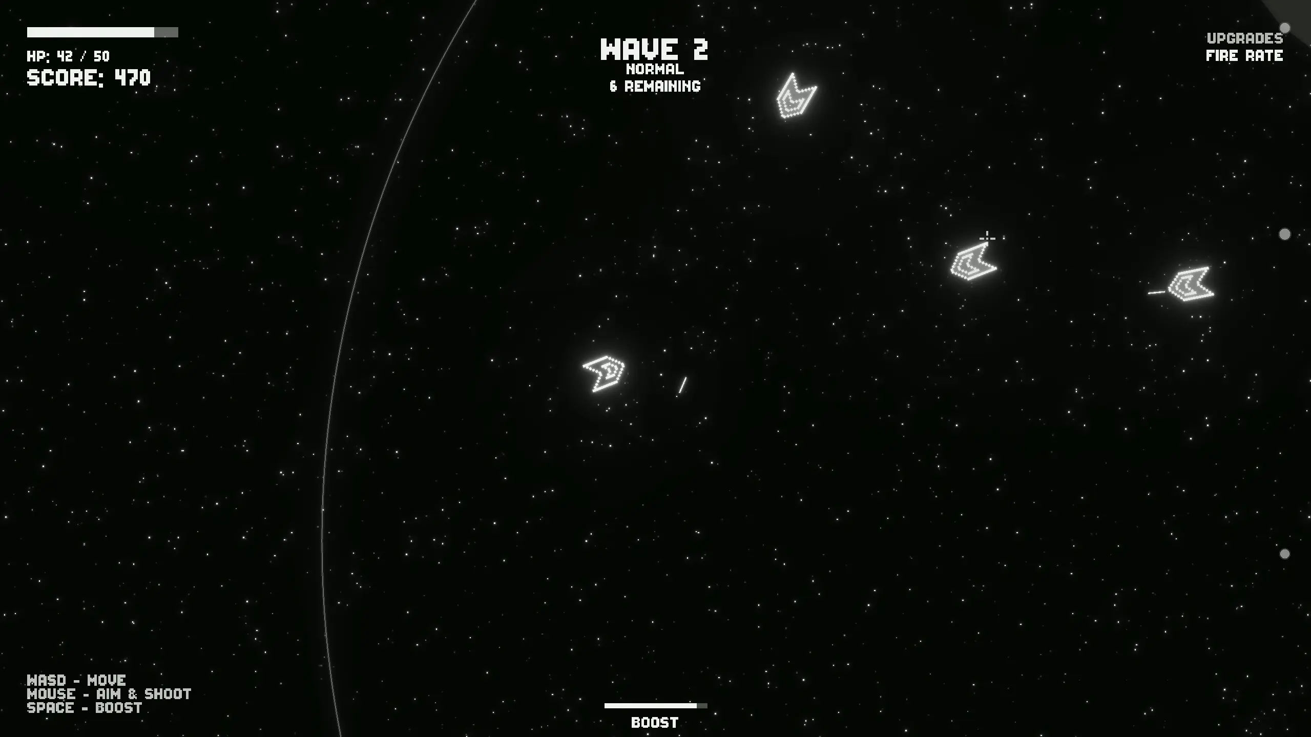 A screenshot of Cosmic Crusaders during gameplay. The player is currently facing Wave 2 on Normal mode, with three enemies surrounding them to their right.