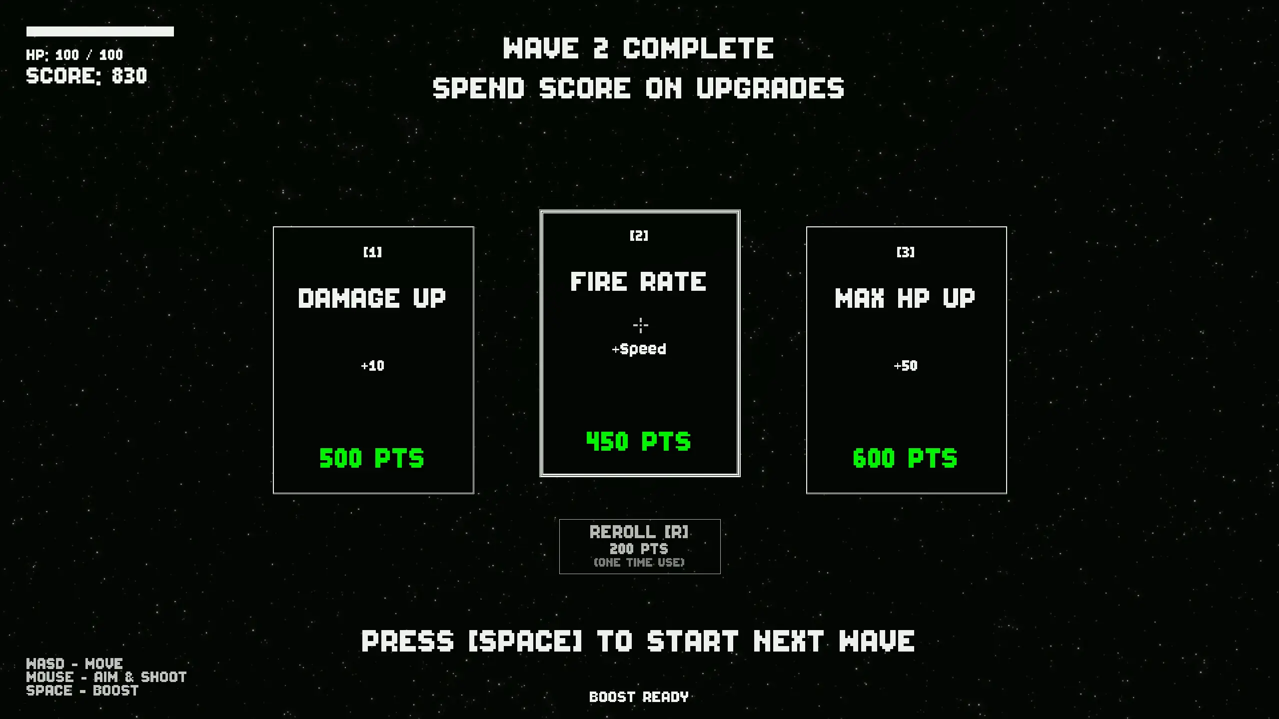 A screenshot of Cosmic Crusaders during its wave transition screen. It states that Wave 2 is complete, and gives the player an opportunity to pick from three upgrade options: Damage Up (+10), Fire Rate (+Speed), and Max HP Up (+50).